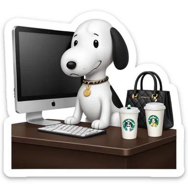 snoopy in a desk with starbucks and his chanel purse sticker