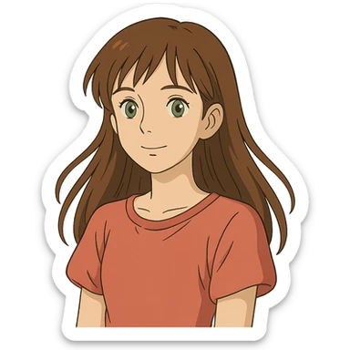 ghibli style illustration of a 17-year-old girl with green eyes, light skin, and long brown hair sticker