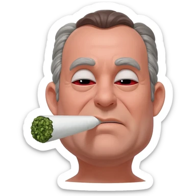 Chubby goofy looking middle aged  white guy with dark brown, but graying hair and bloodshot eyes, Smoking A SUPER HUGE white and green smoking doobie sticker