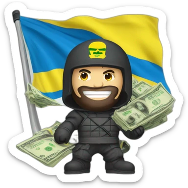 Che A man in a ninja suit with an inscription with cam surrounded by money and with the flag of Ukraine sticker