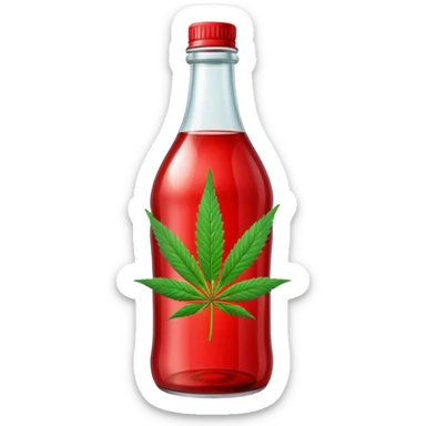 Red curved soda bottle with a cannabis leaf sticker