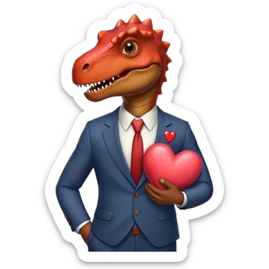 old dinosaur in a suit holding a big hear  sticker