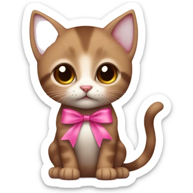 Little brown kitten with a pink ribbon around its neck, big brown eyes sticker