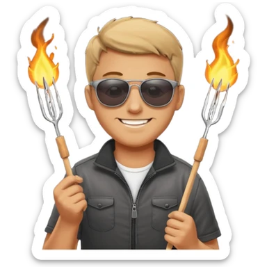 A guy in sunglasses holding tongs, proudly turning skewers over glowing charcoal. sticker