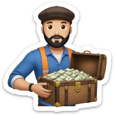 Strong bald man black beard snapback, holding treasure chest full of papers, Instagram logo glowing, dollar signs, minimalStrong bald man black beard snapback, holding treasure chest full of papers, Instagram logo glowing, dollar signs, minimal sticker