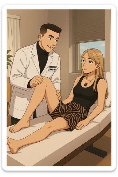 fai un webtoon/manga a colori con questo kinesiologo in camice bianco (fagli la scritta "ANTONIO ANANIA" SUL CAMICE) CHE SVOLGE UN TEST NEUROMUSCOLARE SOLLEVANDO UNA GAMBA ALLA RAGAZZA CHE è STESA SU UN LETTINO BIANCO. STANZA SEMPLICE E MODERNA, DURANTE IL TEST I DUE DIALOGANO TRA LORO. NON FARE I FUMETTI, FAI SOLO LORO COME SE DIALOGASSERO sticker