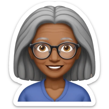emoji of a black grandma with long hair that reaches past shoulder black and gray hair with glasses and brown eyebrows sticker