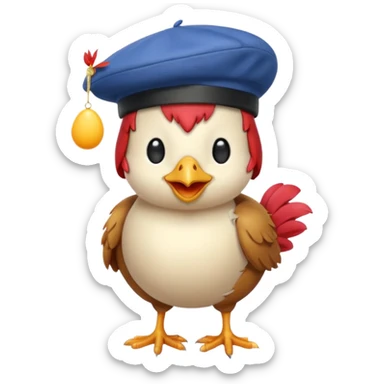 chicken with a French beret and an egg, emoji style sticker