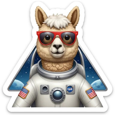 alpaca with sunglasses in rocketship flown to the moon sticker