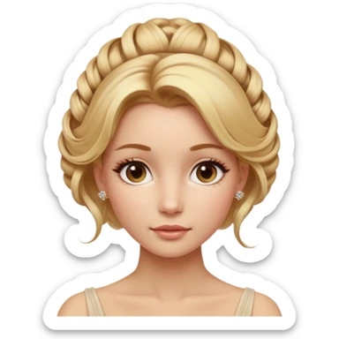 Cinematic Realistic Rococo Portrait, depicted with lifelike skin texture, subtle rosy undertones, and soft natural lighting that enhances the gentle contours of her face. Her intricately detailed golden blonde hair is elegantly styled in an updo, with delicate wisps framing her face.  sticker