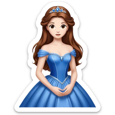 Cinematic Elegant Belle Portrait Emoji, rendered in a realistic, vector-style with minimal shading and bold, simplified shapes. Depict Belle (chest and above) with fair, luminous skin, deep brown expressive eyes, and long, flowing chestnut hair styled elegantly, wearing her classic blue ball gown. The image glows with a soft, warm radiance and high shine, capturing timeless refined beauty. sticker