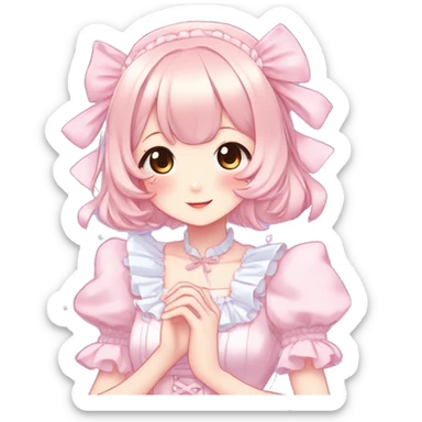 Gorgeous anime style lady blushing face maid outfit Lolita idol model colorful shiny sparkle kawaii pastelcore cottagecore pearly petite simplistic aesthetic trending style sticker