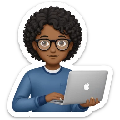 guy with wavy kinda curly black hair and skin tone a little bit brown and glasses, with a macbook sticker