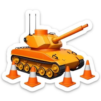a tank running over several traffic cones, emoji style sticker