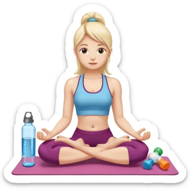 Девушка сидит на коврике для йоги и рядом стоит вода, таблетки, гантели  sticker