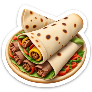Cinematic Realistic Shawarma Dish Emoji, showcasing spiced, succulent meat wrapped in flatbread with fresh vegetables rendered with lifelike detail and dynamic, appetizing lighting. sticker
