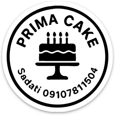A circular logo for Prima Cake bakery with a pink cake at the center, featuring the text Prima Cake in English and the contact info Sadati 09107811504 below it. The logo should have a pink circular border and a white background, designed to be printable for cake decoration. The style should be elegant and suitable for a bakery sticker