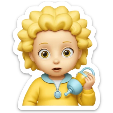 A 3D cartoon baby character entirely yellow, styled like Maggie Simpson, with pacifier, yellow onesie, big eyes, smooth shading, Memoji-style rendering, consistent with other yellow Simpsons characters. sticker