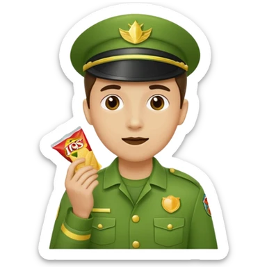 supermarket collegue wearing a green uniform and eating a packet of crisps sticker