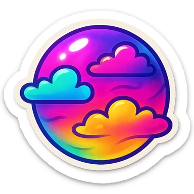 Cute planet with neon colors, clouds, and whimsical patterns, Lisa Frank style, emoji sticker