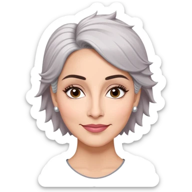 Puerto Rican actress Marian Pabón with elongated face, light pinkish skin, almond-shaped expressive eyes, straight nose, well-defined lips with wide smile, arched eyebrows, pronounced cheekbones, short spiky gray hair like a man's cut sticker