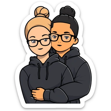 hispanic man with black hair hugging a light-skinned woman in a black Nike hoodie, woman has one bun in the back and thin black glasses sticker