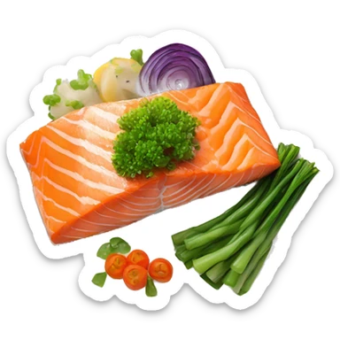 realistic piece of baked salmon served on the plate with vegetables  sticker