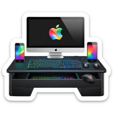 rgb gaming computer on black desk with a black keyboard and mouse sticker