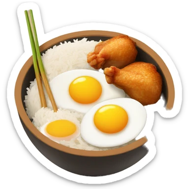 a bowl of rice with two eggs and two chicken drumstick on top sticker