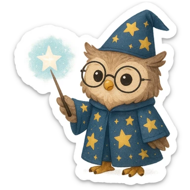 cute owl wizard with a starry robe and glasses, casting a spell sticker