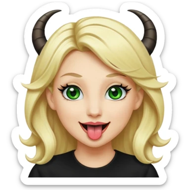 Emoji femme blonde habillée en noir cheveux blond, yeux vert avec de long cils noir qui tire la langue et à des cornes  sticker