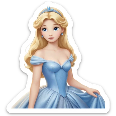 Cinematic Realistic Cute Cinderella Portrait, featuring fair, luminous skin with finely detailed texture and softly lit golden-blonde hair cascading in gentle waves. Her warm, inviting blue eyes sparkle with youthful charm and curiosity, while her classic, elegantly draped ball gown reveals meticulously rendered fabric details and natural folds. The overall composition is bathed in a gentle, realistic radiance that exudes both playfulness and heartfelt beauty. sticker