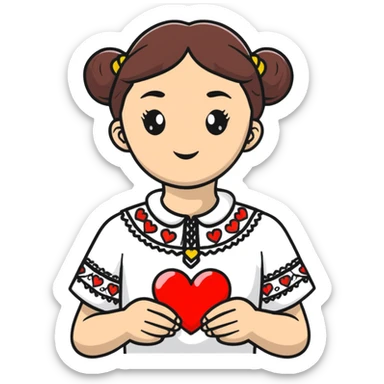 beautiful young girl wearing a white Ukrainian embroidered shirt with a big heart sticker