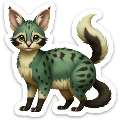 Dark-Green, black-pointed, soft natural realistic romantic vintage antique divine beautiful elegant pretty precious cute young youthful  Fakémon-Pokémon-opossum-feline-serval-caracal-chinchilla-Minccino-Cinccino-Meowstic-rodent-hybrid-creature with a big fluffy bushy tail (full body) sticker