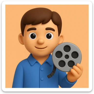 Create a 3D emoji style image of a different person wearing a shirt and holding a cinema symbol such as a film reel or clapperboard. The style should resemble Microsoft style 3D fluent emojis. sticker