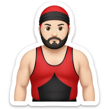White skin fat guy with black durag and black beard in a red and black wrestling singlet sticker