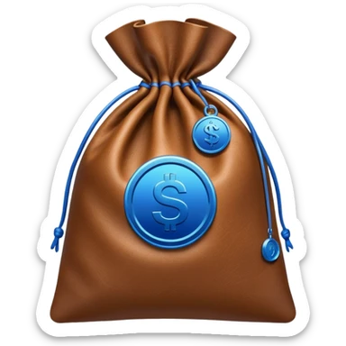 brown money bag with a blue coin  sticker