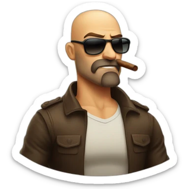 Bald muscular man with brown beard and sunglasses smoking cigar angry face sticker