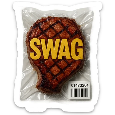 grilled steak with bold gold 'SWAG' letters, glossy vacuum-sealed style sticker