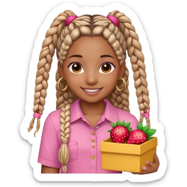 a girl named samaya with light brown, skin box braids, brown eyes, pink shirt, that has a strawberry on it small gold hoop earrings, sticker