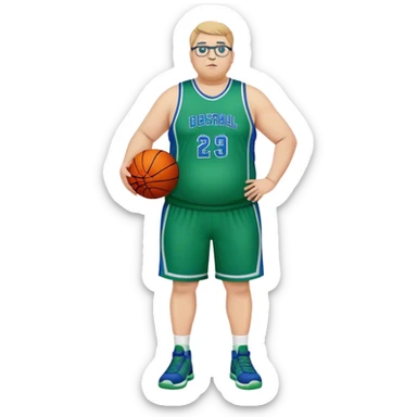 full body overweight tall white male basketball wearing glasses in blue an green uniform sticker