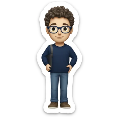 caucasian white boy with dark wavy  hair, blue glasses, and carrying design paper plan because he is an architect carrying a pencil and a set model maquette. wearing a navy blue long sleeve sweater shirt. smart.  sticker