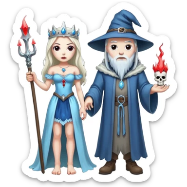 An attractive Alaskan princess, full body, Standing next to a wizard In the style of your bleeding skull art. Dark gritty and menacing  sticker
