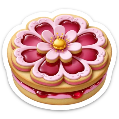 Realistic shortbread cookie in the shape of a cherry blossom with pale pink color jelly middle filling and sprinkled powder sugar on top. sticker