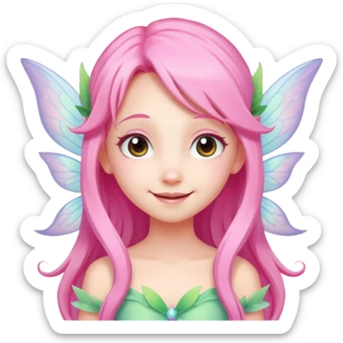 A tiny pastel fairy with pink long hair with glowing wings and a sweet smile  sticker