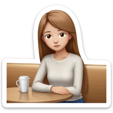 Cartoon emoji of a girl with long, straight light brown hair, fair skin, brown eyes. Wearing a white top and simple pants. Sitting alone at a café table, shoulders slightly hunched, head slightly down, looking unsure and thoughtful sticker