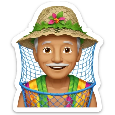 Hawaiian old man with leaf hat and big trash net and colorful cloth sticker