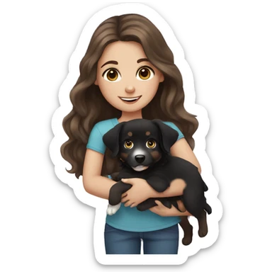 girl with brown hair and blue eyes holding black australian shepherd puppy sticker
