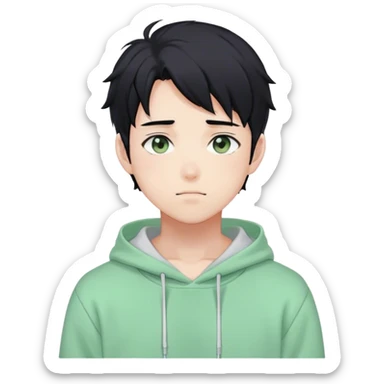 Gorgeous pastel green sweater black hair anime style shojo guy with blushing face and, hoodie, aesthetic, young adult, trending style, outside, vedal987 sticker