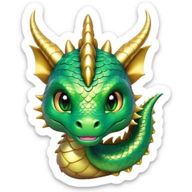 Cinematic Cute Dragon Portrait Emoji, Head tilted playfully and inquisitively, featuring a sleek, serpentine form adorned with iridescent scales that shift between emerald and gold, a delicate set of subtle horns, and round, sparkling eyes full of curious magic; rendered with realistic detail and warm natural light, high shine, affectionate and enchanting, styled with a touch of whimsical fantasy, soft glowing outline, capturing the essence of a mischievous yet lovable dragon that seems poised to slither playfully into your arms! sticker